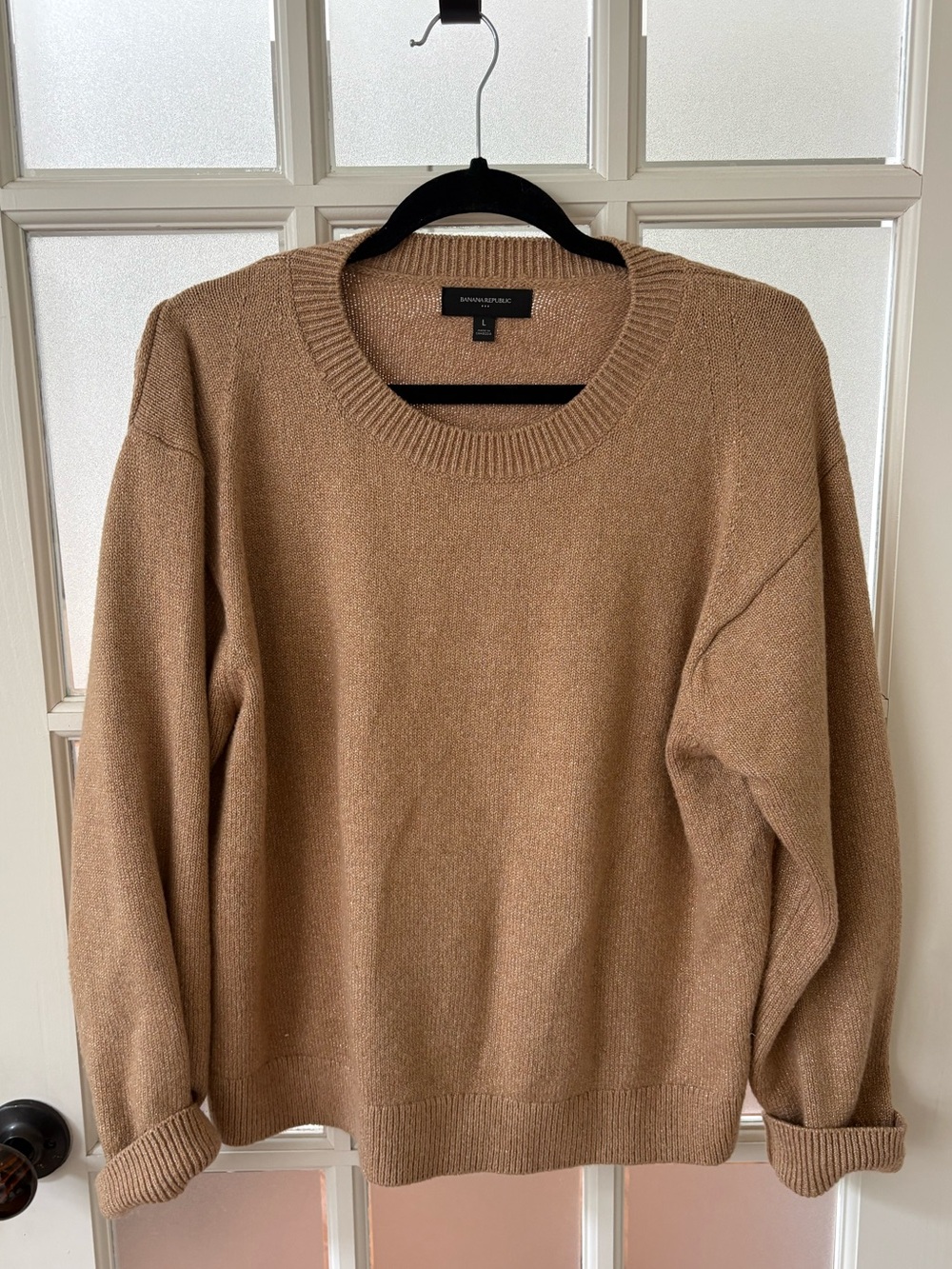 Women's camel crewneck sweater with gold flecks. Banana Republic